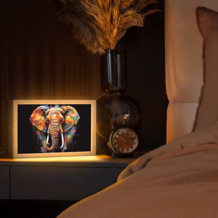 Olifant - Graffiti - Zwart - Dieren - Kleuren Light Box met kabel (Tafellamp) klein -sfeer1