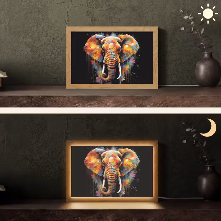 Olifant - Graffiti - Zwart - Dieren - Kleuren Light Box met kabel (Tafellamp) klein -sfeer3