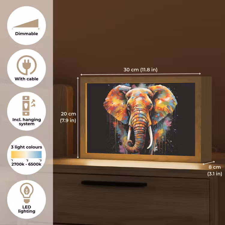 Olifant - Graffiti - Zwart - Dieren - Kleuren Light Box met kabel (Tafellamp) klein -USP_EN