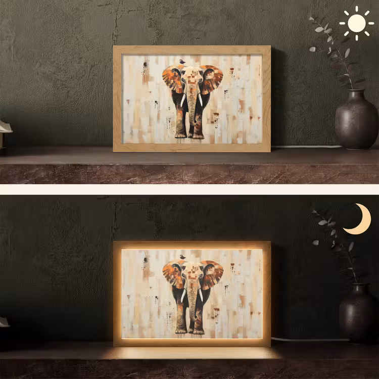 Olifant - Slurf - Mozaïek - Abstract Light Box met kabel (Tafellamp) klein -sfeer3