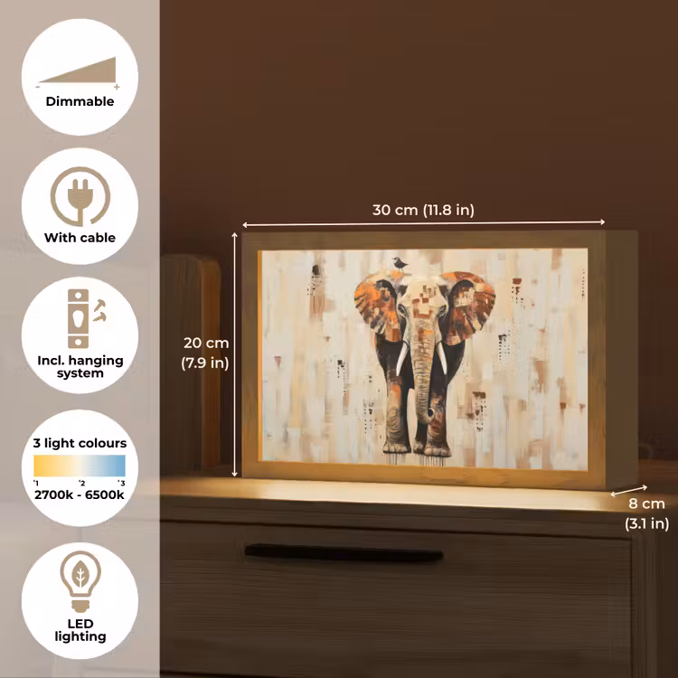 Olifant - Slurf - Mozaïek - Abstract Light Box met kabel (Tafellamp) klein -USP_EN