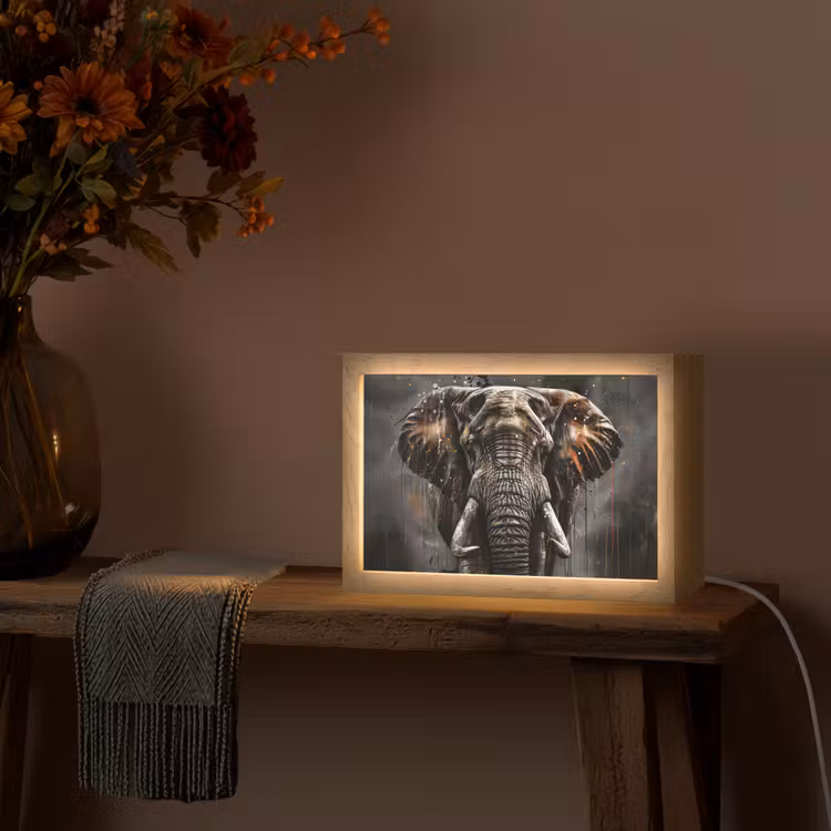 Olifant - Watercolor - Wilde dieren - Luxe Light Box met kabel (Tafellamp) klein -sfeer4