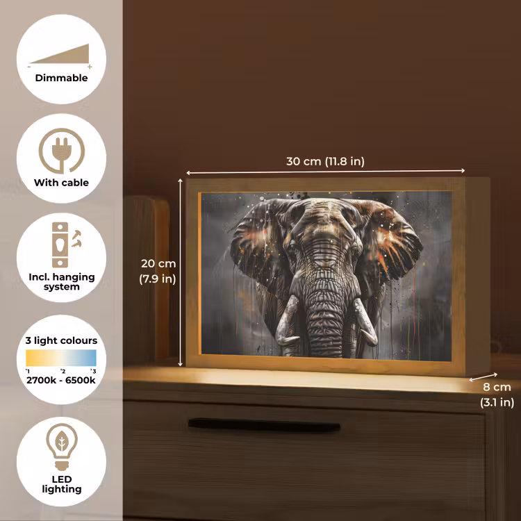 Olifant - Watercolor - Wilde dieren - Luxe Light Box met kabel (Tafellamp) klein -USP_EN
