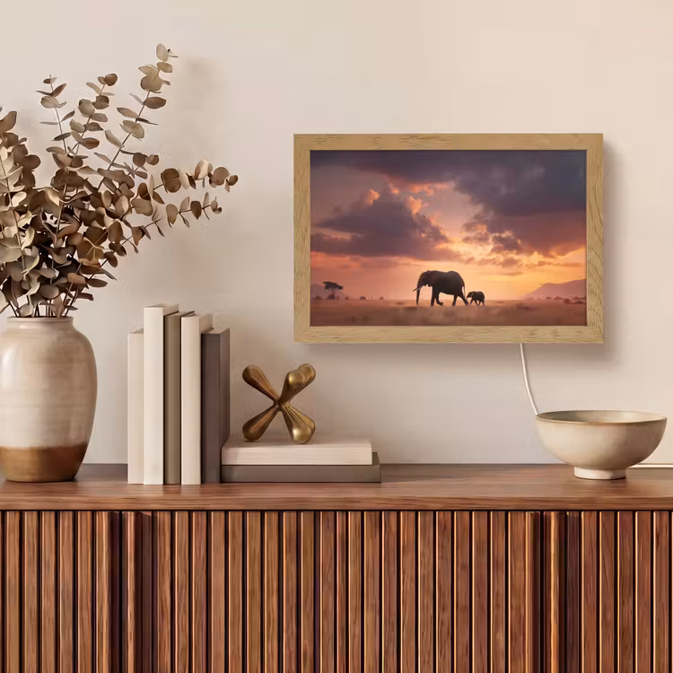 Olifanten - Grasland - Zonsondergang Light Box met kabel (Tafellamp) klein -sfeer2