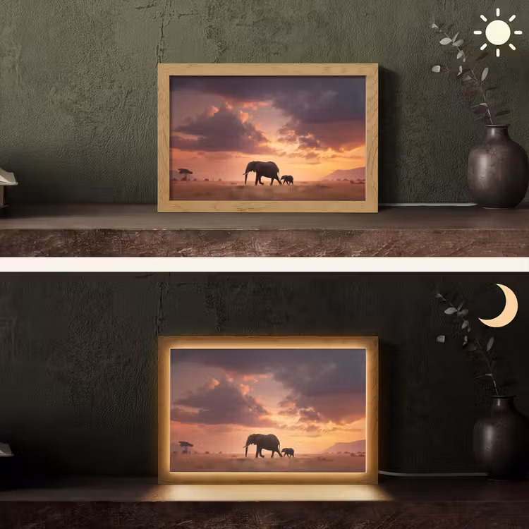 Olifanten - Grasland - Zonsondergang Light Box met kabel (Tafellamp) klein -sfeer3