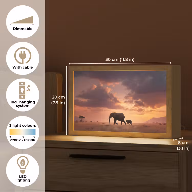 Olifanten - Grasland - Zonsondergang Light Box met kabel (Tafellamp) klein -USP_EN