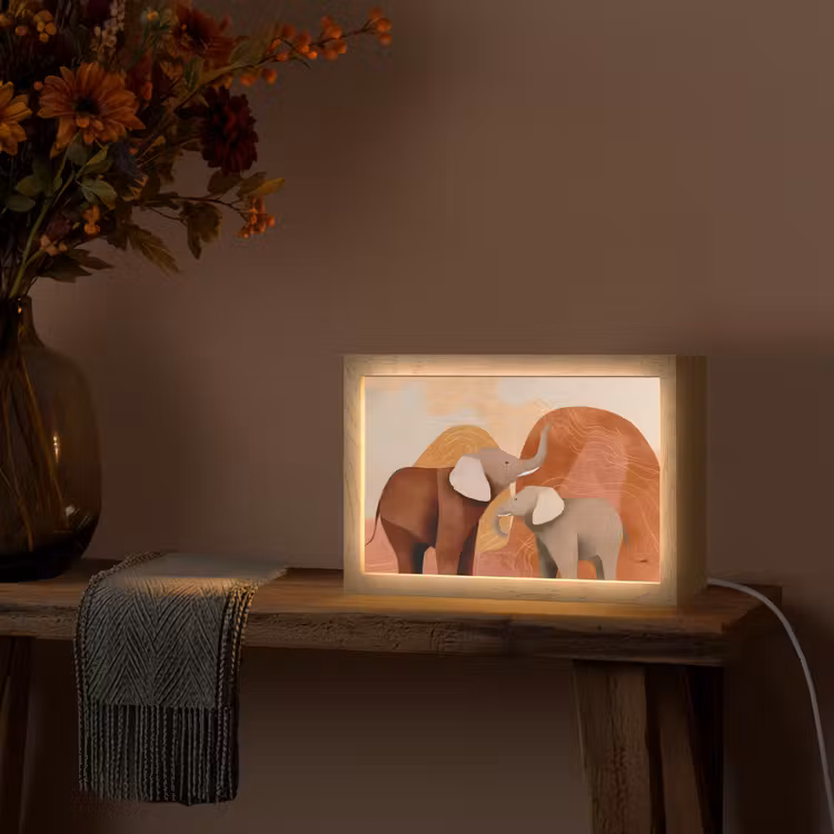 Olifanten - Oranje - Abstract Light Box met kabel (Tafellamp) klein -sfeer4