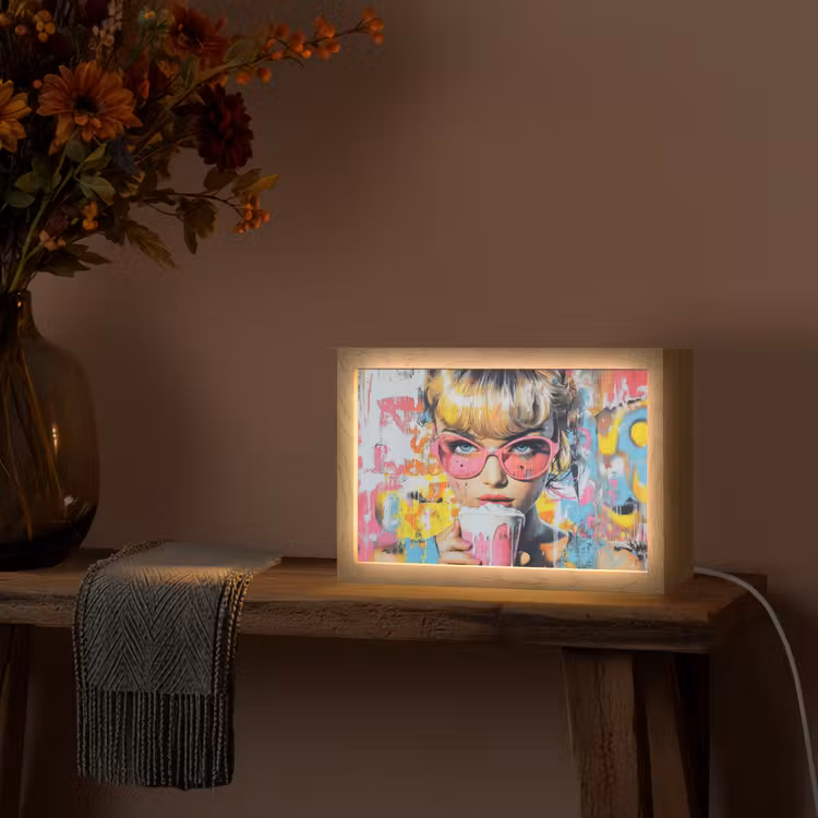 Expressief - Milkshake - Vrouw - Felle kleuren Light Box met kabel (Tafellamp) klein -sfeer4