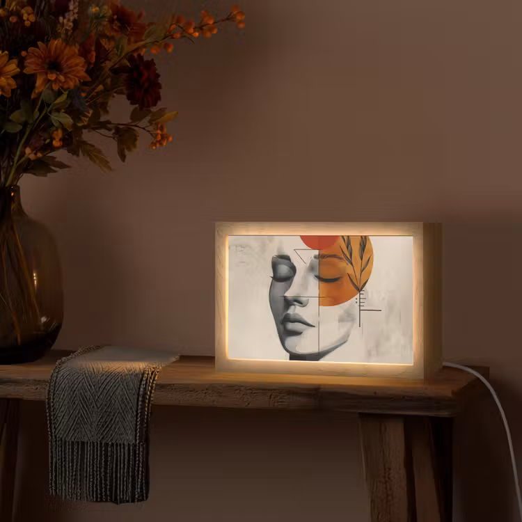 Gezicht - Cirkels - Kunst - Modern Light Box met kabel (Tafellamp) klein -sfeer4