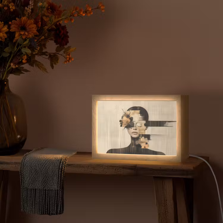 Gezicht - Bloemen - Zwart - Vrouw Light Box met kabel (Tafellamp) klein -sfeer4