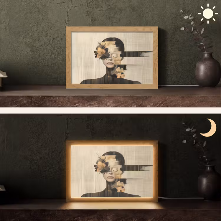 Gezicht - Bloemen - Zwart - Vrouw Light Box met kabel (Tafellamp) klein -sfeer3