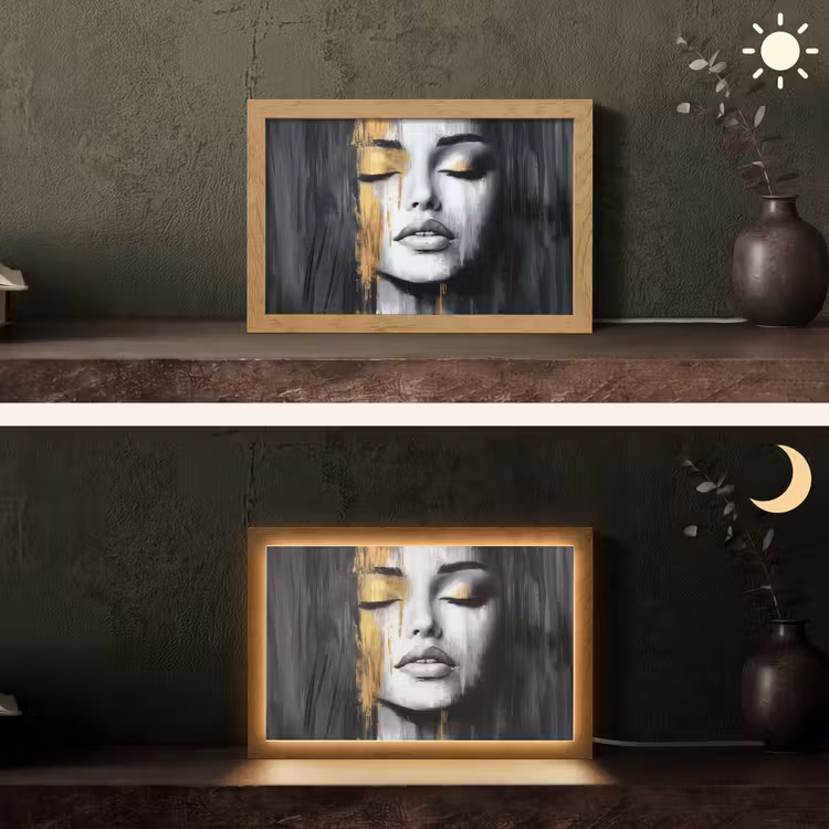 Gezicht - Vrouw - Penseelstreken - Abstract Light Box met kabel (Tafellamp) klein -sfeer3