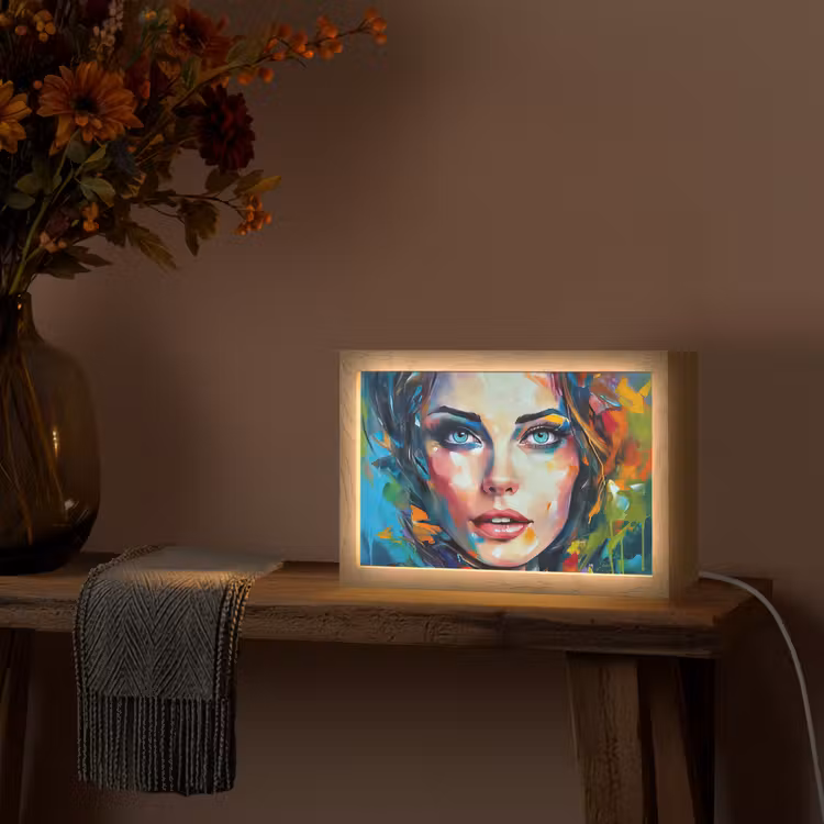 Gezicht - Vrouw - Olieverf - Kleurrijk - Kunst Light Box met kabel (Tafellamp) klein -sfeer4
