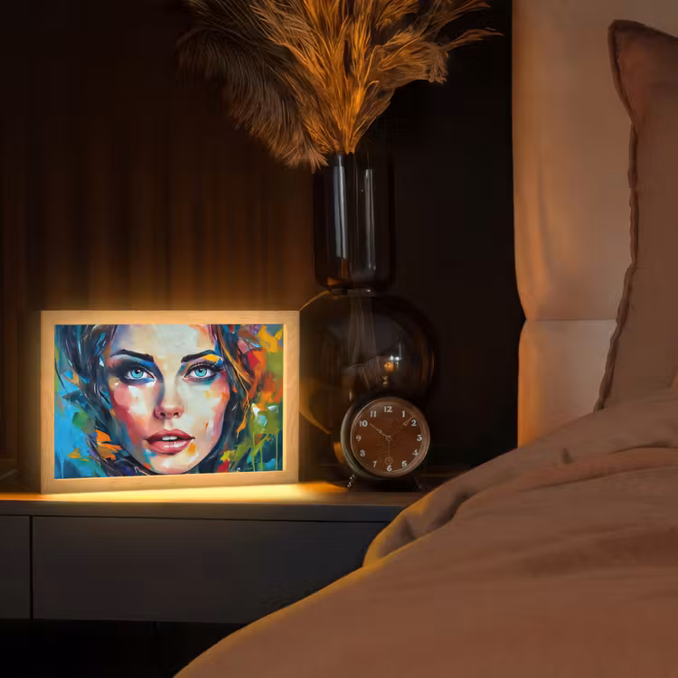Gezicht - Vrouw - Olieverf - Kleurrijk - Kunst Light Box met kabel (Tafellamp) klein -sfeer1