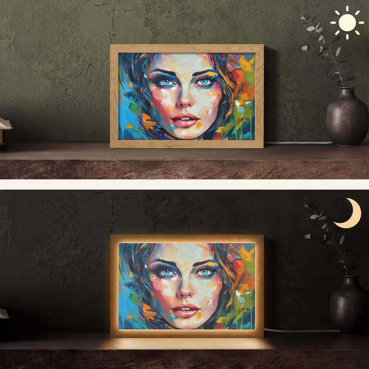 Gezicht - Vrouw - Olieverf - Kleurrijk - Kunst Light Box met kabel (Tafellamp) klein -sfeer3