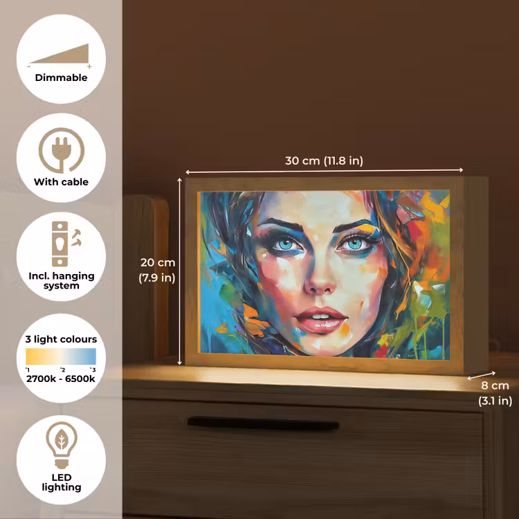 Gezicht - Vrouw - Olieverf - Kleurrijk - Kunst Light Box met kabel (Tafellamp) klein -USP_EN