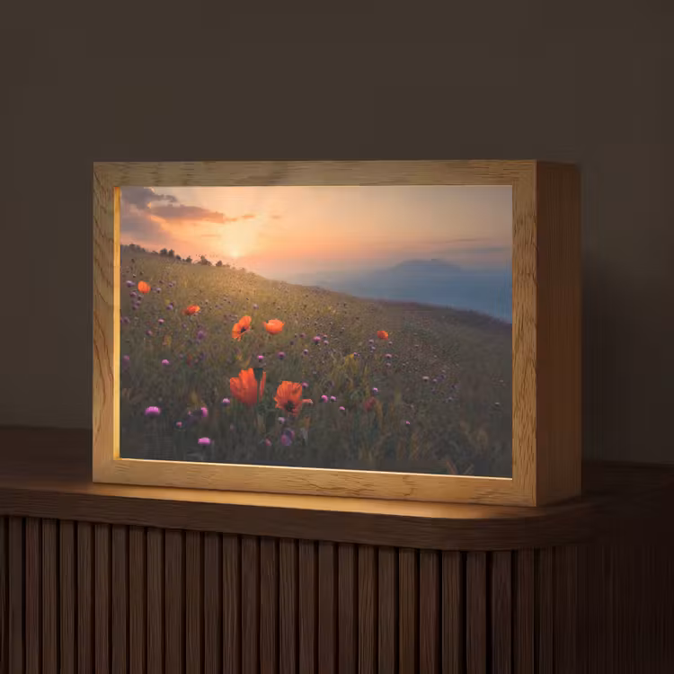 Bloemenveld - Gras - Bloemen - Planten - Zonsondergang - Oranje Light Box met kabel (Tafellamp) klein -z3d_website