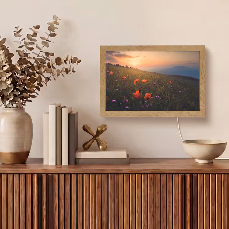 Bloemenveld - Gras - Bloemen - Planten - Zonsondergang - Oranje Light Box met kabel (Tafellamp) klein -sfeer2
