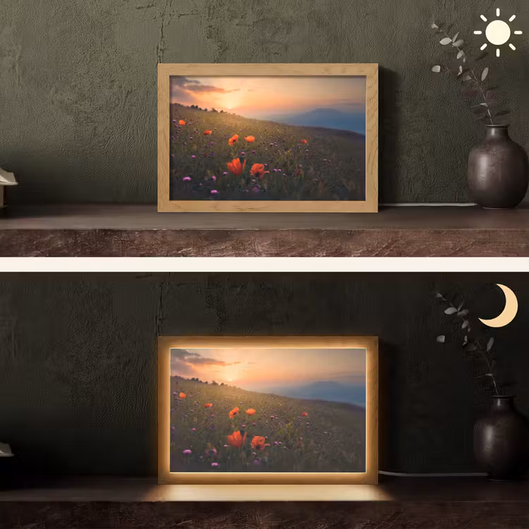 Bloemenveld - Gras - Bloemen - Planten - Zonsondergang - Oranje Light Box met kabel (Tafellamp) klein -sfeer3