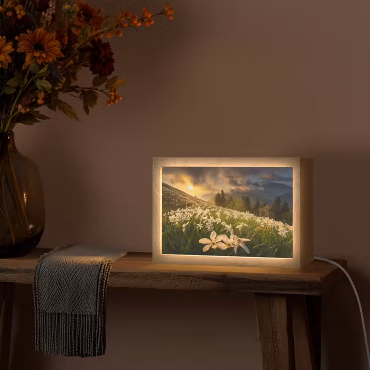 Bloemenveld - Heuvels - Zonsondergang - Berg - Natuur - Wit - Heuvels Light Box met kabel (Tafellamp) klein -sfeer4