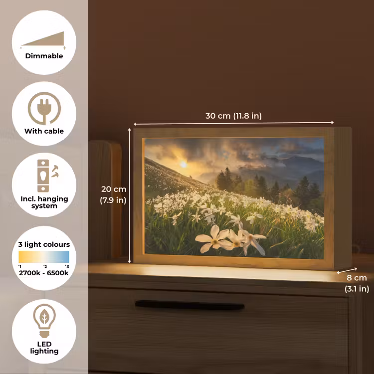 Bloemenveld - Heuvels - Zonsondergang - Berg - Natuur - Wit - Heuvels Light Box met kabel (Tafellamp) klein -USP_EN
