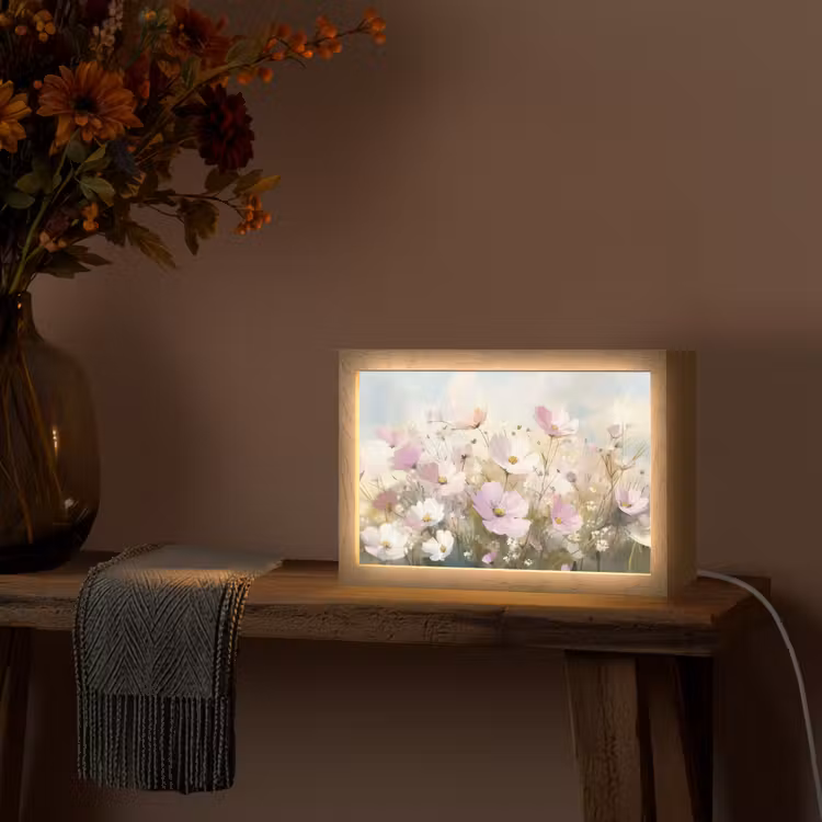 Bloemenveld - Lichte tinten - Geschilderd Light Box met kabel (Tafellamp) klein -sfeer4