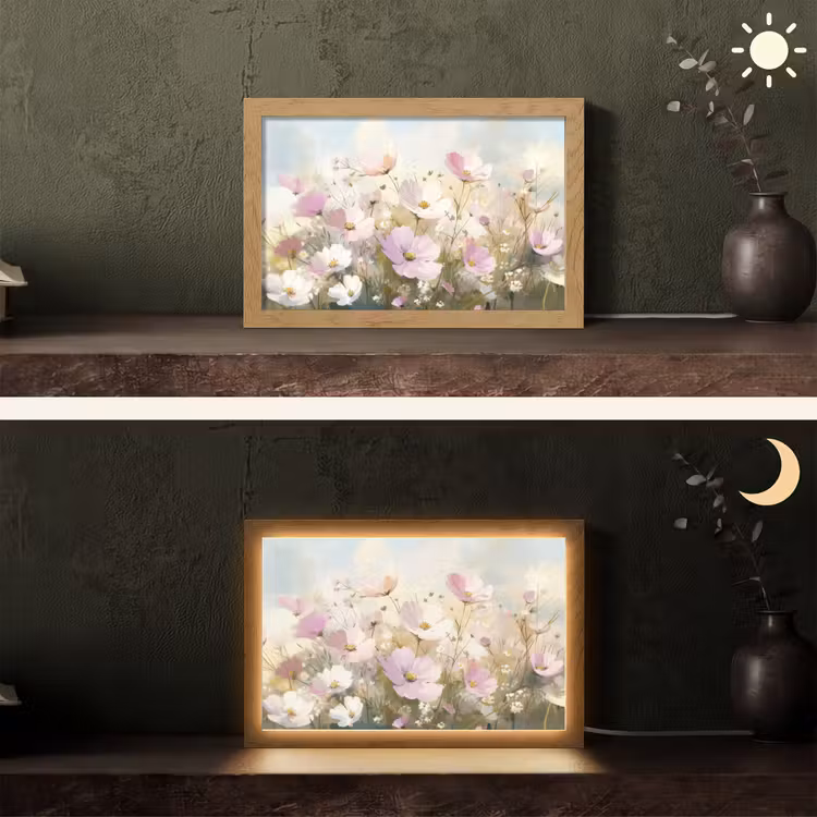 Bloemenveld - Lichte tinten - Geschilderd Light Box met kabel (Tafellamp) klein -sfeer3