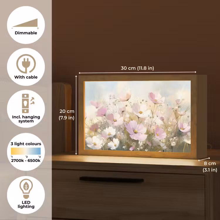 Bloemenveld - Lichte tinten - Geschilderd Light Box met kabel (Tafellamp) klein -USP_EN
