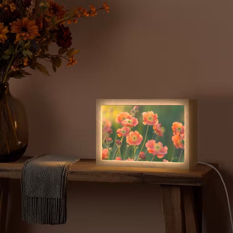 Bloemenveld - Zonnestralen - Oranje Light Box met kabel (Tafellamp) klein -sfeer4
