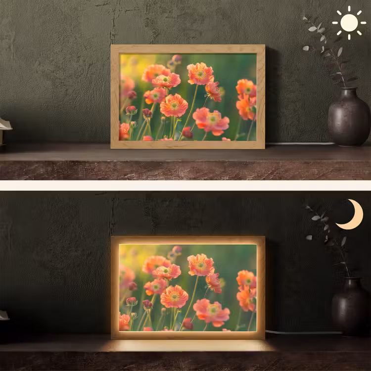 Bloemenveld - Zonnestralen - Oranje Light Box met kabel (Tafellamp) klein -sfeer3