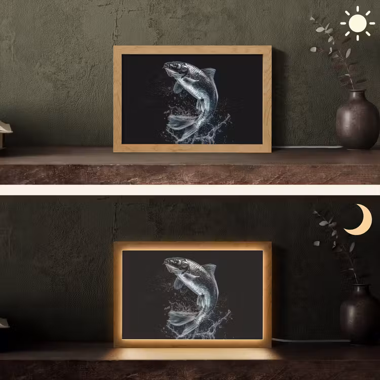 Vis - Koi - Zwart - Water Light Box met kabel (Tafellamp) klein -sfeer3