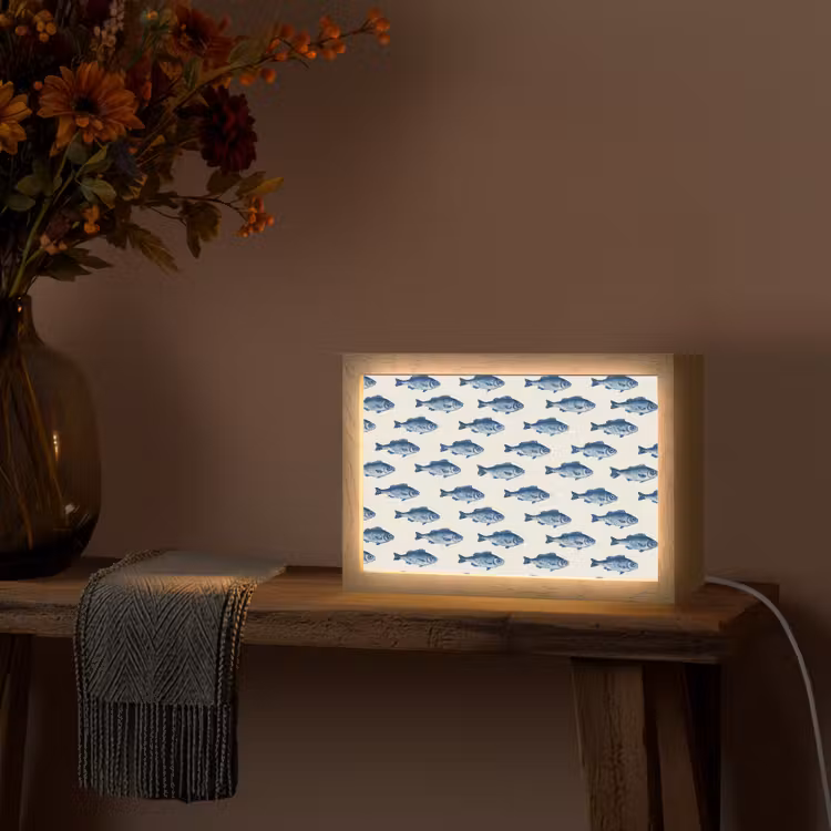 Vis - Patroon - Blauw Light Box met kabel (Tafellamp) klein 924 -sfeer4