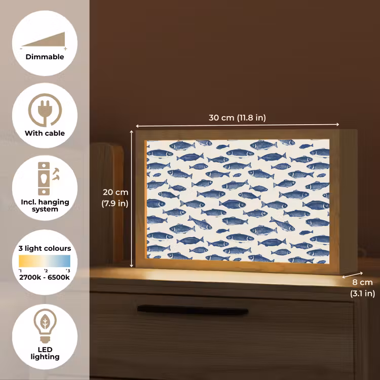 Vissen - Patroon - Blauw - Wit Light Box met kabel (Tafellamp) klein 924 -USP_EN