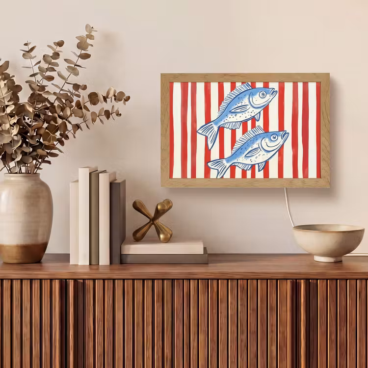 Vissen - Verticale strepen - Blauw - Rood Light Box met kabel (Tafellamp) klein -sfeer2