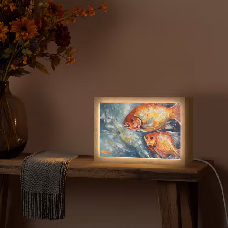 Vissen - Water - Dieren - Kunst - Olieverf Light Box met kabel (Tafellamp) klein -sfeer4