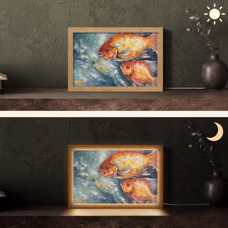 Vissen - Water - Dieren - Kunst - Olieverf Light Box met kabel (Tafellamp) klein -sfeer3