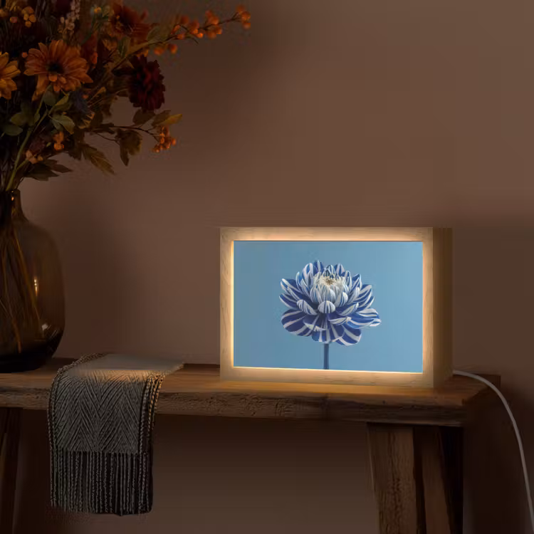 Bloem - Blauw - Bloemblaadjes - Streepjes Light Box met kabel (Tafellamp) klein -sfeer4