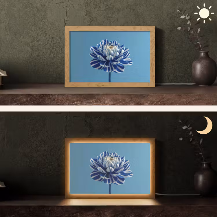 Bloem - Blauw - Bloemblaadjes - Streepjes Light Box met kabel (Tafellamp) klein -sfeer3