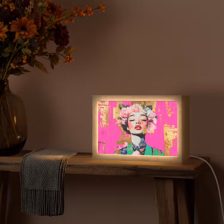 Bloemenkroon - Goud - Vrouw - Portret Light Box met kabel (Tafellamp) klein -sfeer4