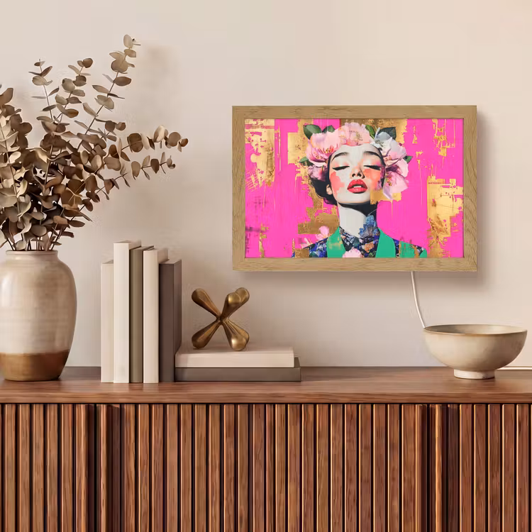 Bloemenkroon - Goud - Vrouw - Portret Light Box met kabel (Tafellamp) klein -sfeer2