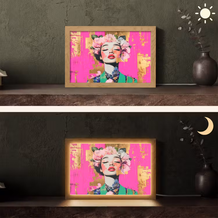 Bloemenkroon - Goud - Vrouw - Portret Light Box met kabel (Tafellamp) klein -sfeer3