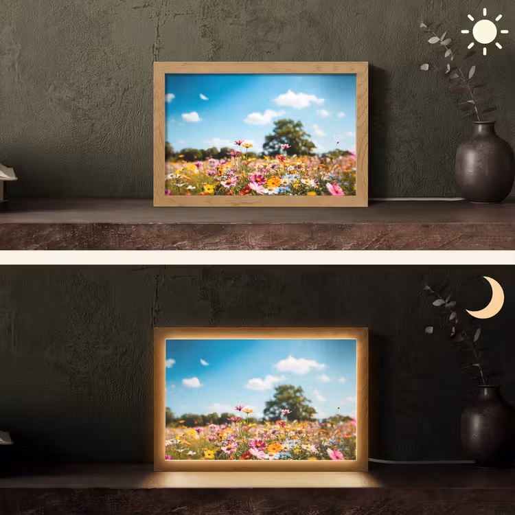 Bloemenweide - Blauw - Lucht - Kleuren Light Box met kabel (Tafellamp) klein -sfeer3