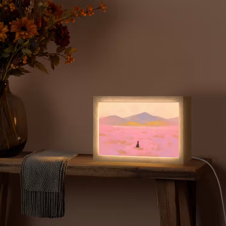 Bloemenweide - Heuvels - Silhouet - Roze Light Box met kabel (Tafellamp) klein -sfeer4