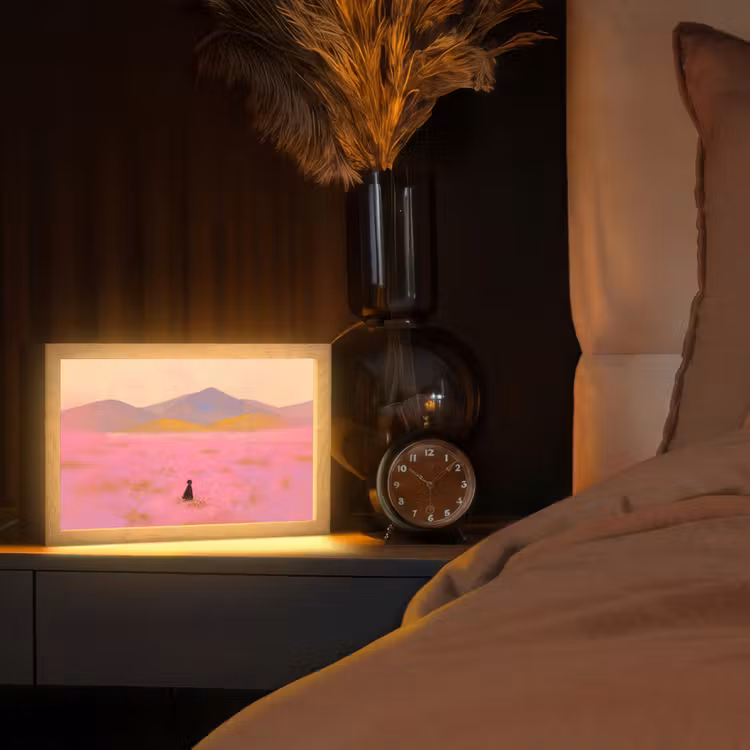 Bloemenweide - Heuvels - Silhouet - Roze Light Box met kabel (Tafellamp) klein -sfeer1