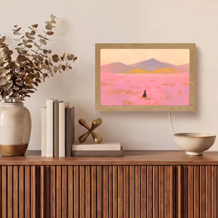 Bloemenweide - Heuvels - Silhouet - Roze Light Box met kabel (Tafellamp) klein -sfeer2