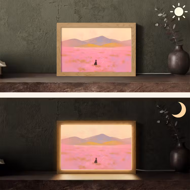 Bloemenweide - Heuvels - Silhouet - Roze Light Box met kabel (Tafellamp) klein -sfeer3