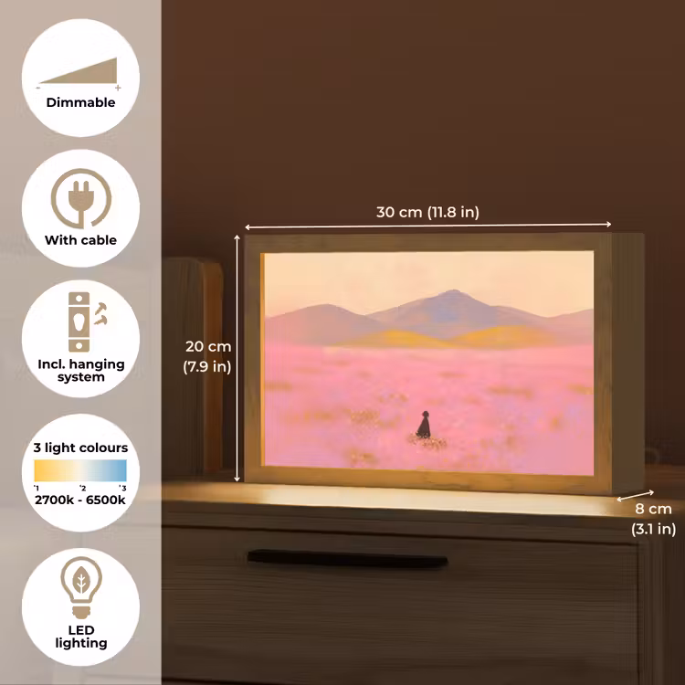 Bloemenweide - Heuvels - Silhouet - Roze Light Box met kabel (Tafellamp) klein -USP_EN
