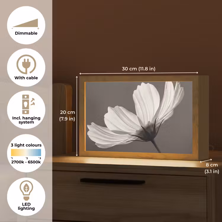 Bloem - Minimalistisch - Zwart - Wit Light Box met kabel (Tafellamp) klein -USP_EN
