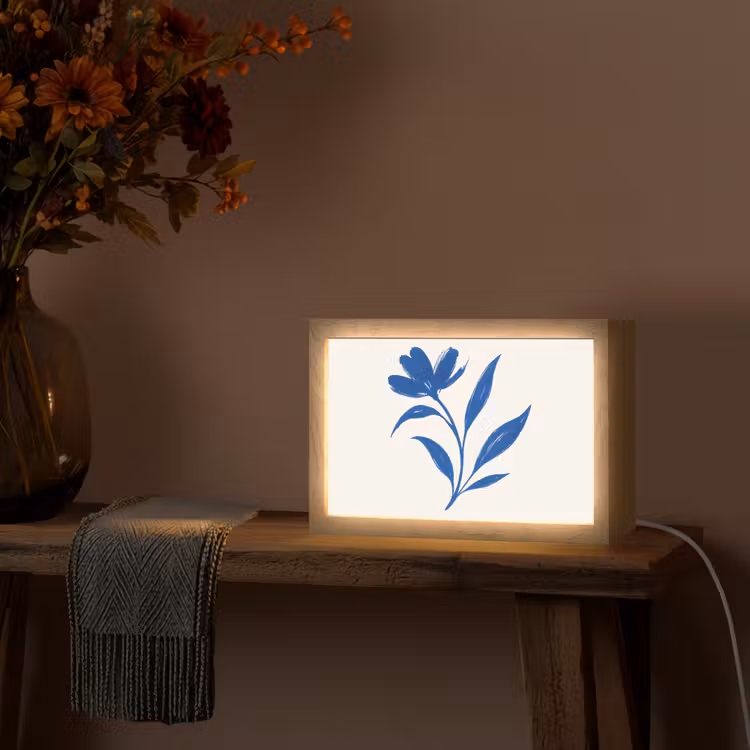 Bloem - Blaadjes - Minimalistisch - Blauw Light Box met kabel (Tafellamp) klein -sfeer4