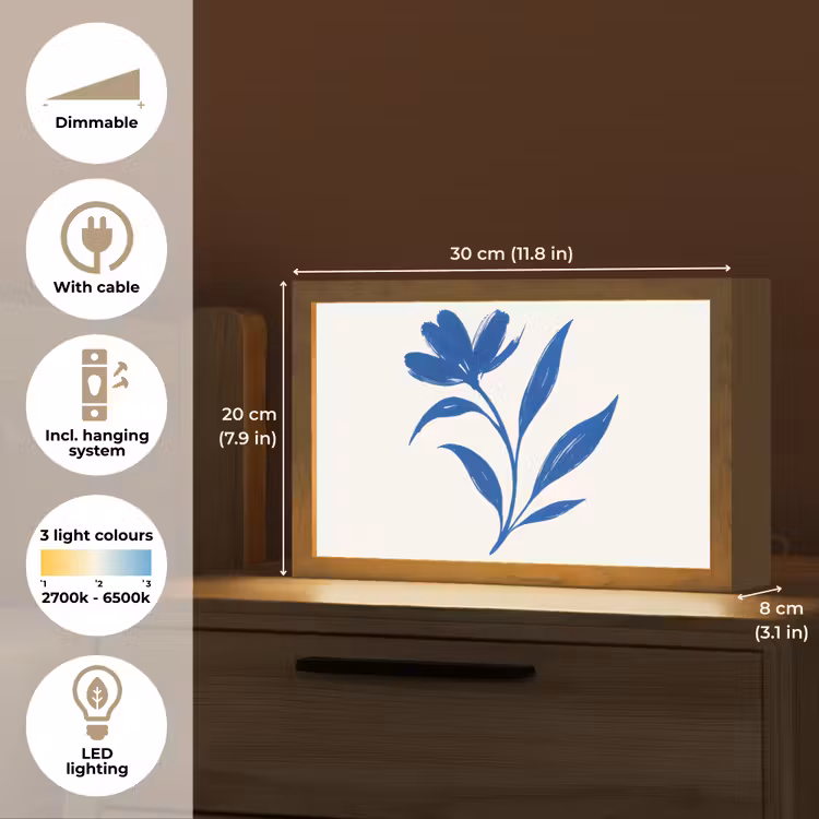 Bloem - Blaadjes - Minimalistisch - Blauw Light Box met kabel (Tafellamp) klein -USP_EN
